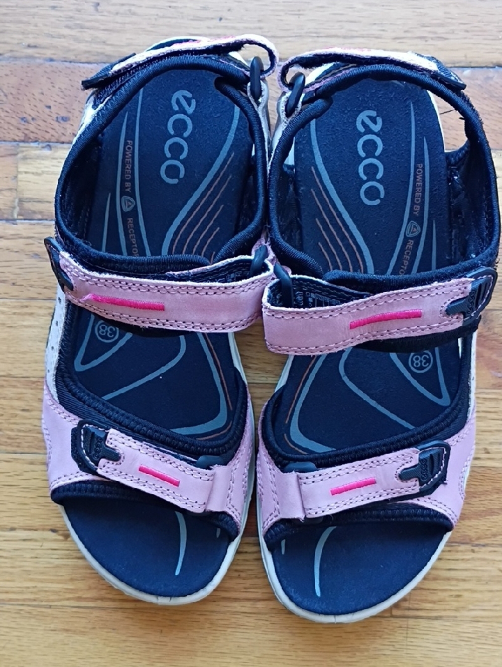 Ecco Pink and Black Open-Toe Adjustable Sandals Women's Size 38